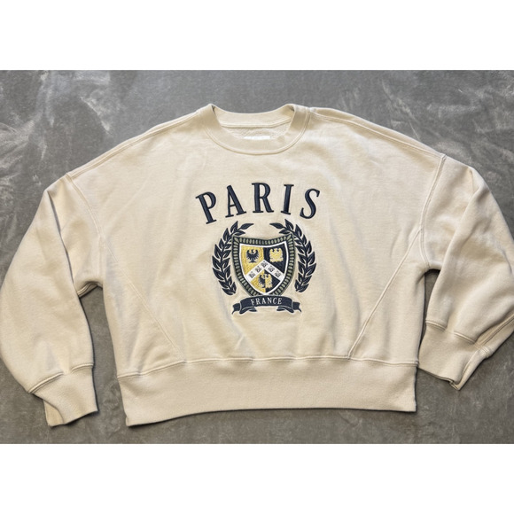 Abercrombie & Fitch Paris France Crest Sweatshirt Women’s Small Beige Crewneck - Picture 2 of 7